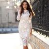 Fashion Designer White Lace Party Dress Women Sexy Long Sleeve Lace Crochet Hollow Out Slim Bodycon Dress