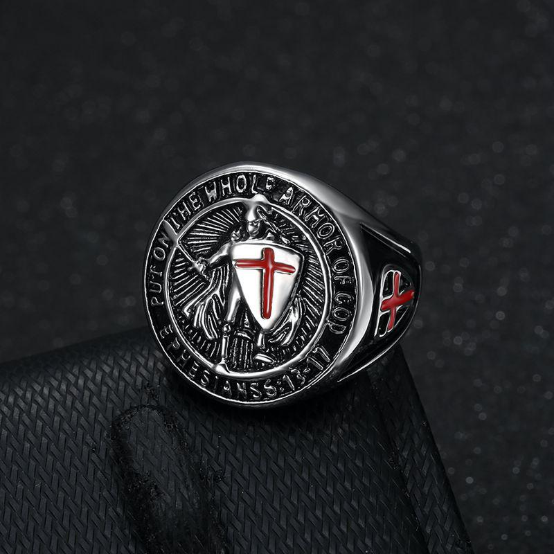 European-American Hip-Hop Men's Gold-Plated Titanium Ring with Vintage Templar Red Cross Shield