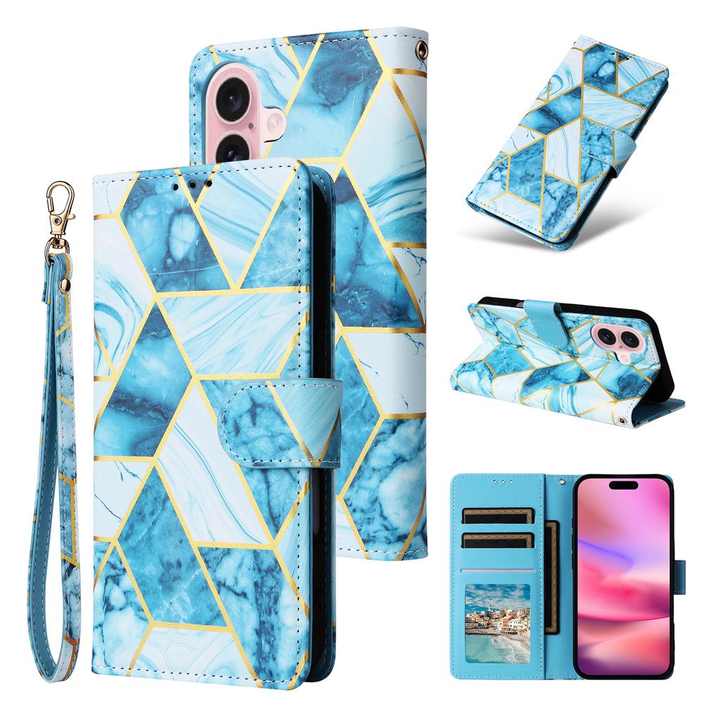 For iPhone 17 Case Lacquered Marble Pattern Leather Phone Cover with Wrist Strap