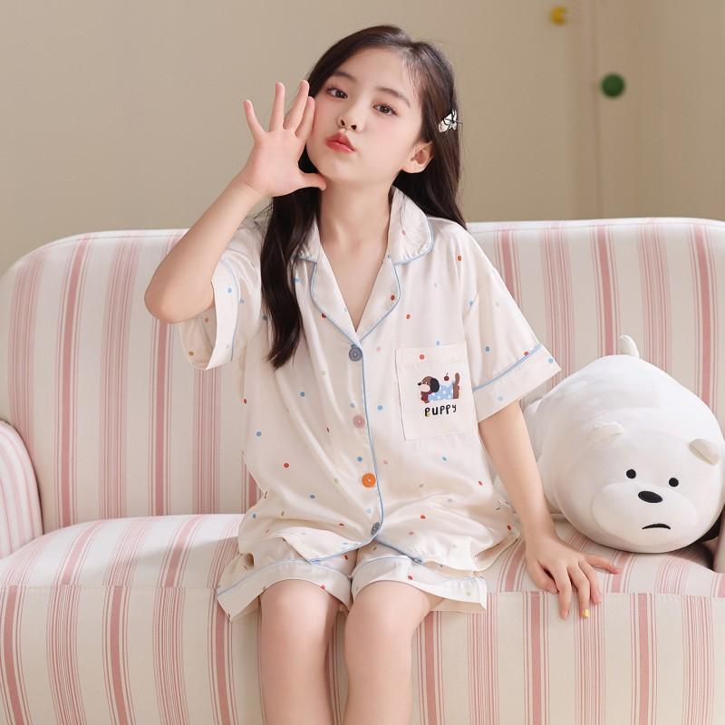 Girls Ice Silk Pajama Set Short Sleeve Cartoon Print Loose Sleepwear Kids 8 Years