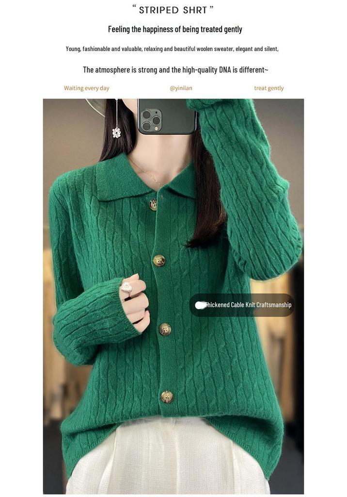 Korean Style Wool Cardigan: Long Sleeve Polo Knitwear for Autumn/Winter