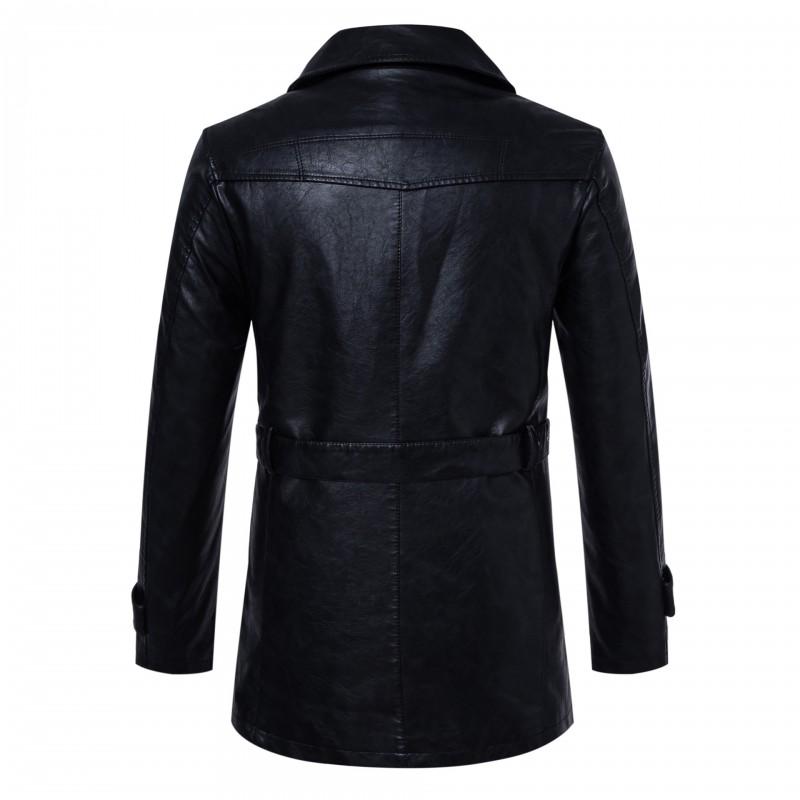 Mens Mid-Length PU Leather Trench Coat Blazer Collar Single-Breasted Casual Urban Style