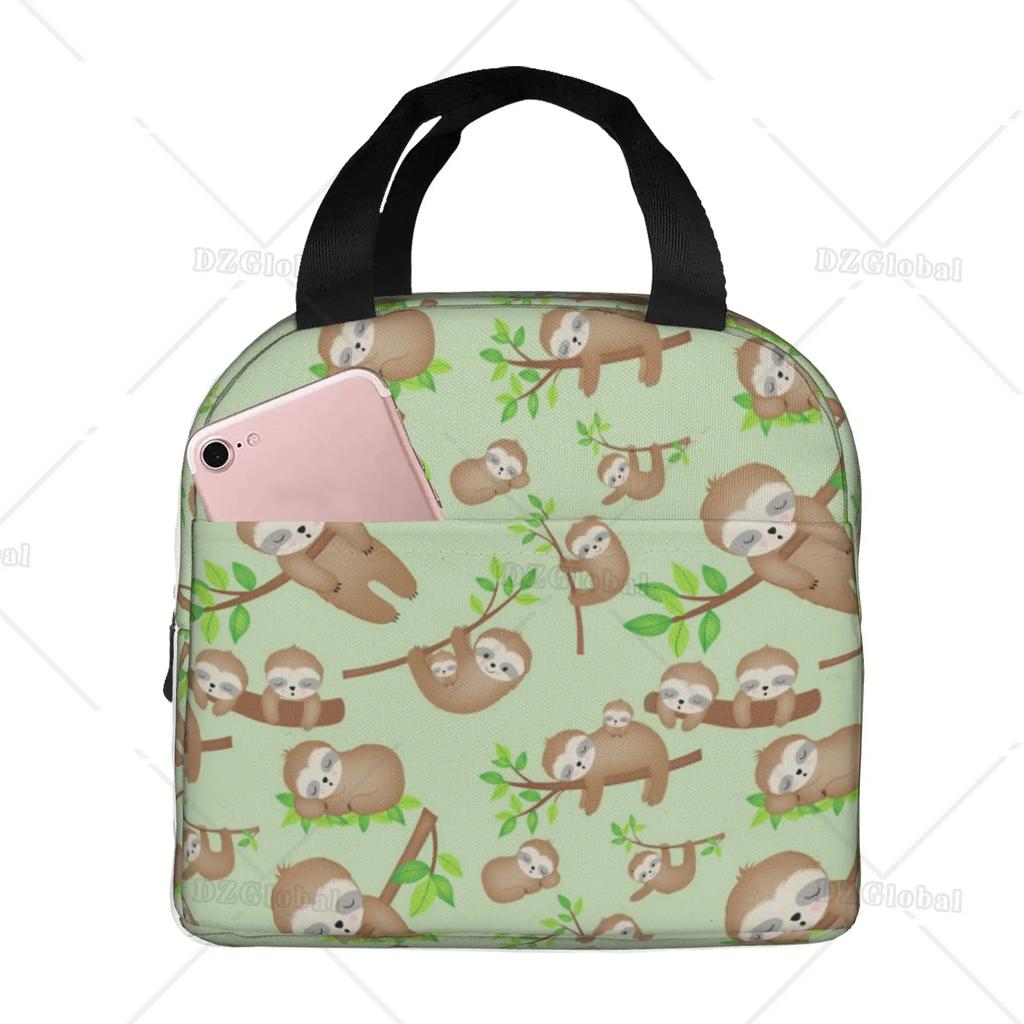Cute Sloth Insulated Lunch Bag with Front Pocket Reusable Cooler Tote Bag with Zipper for Men Women Thermal Lunch Bento Box