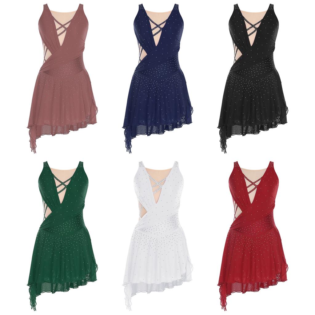 Women Dance Dress with Rhinestones Adorned Straps - Backless Side Slit Flowy Asymmetrical Hem Built-in Crotch Press Buttons for Stage Performance
