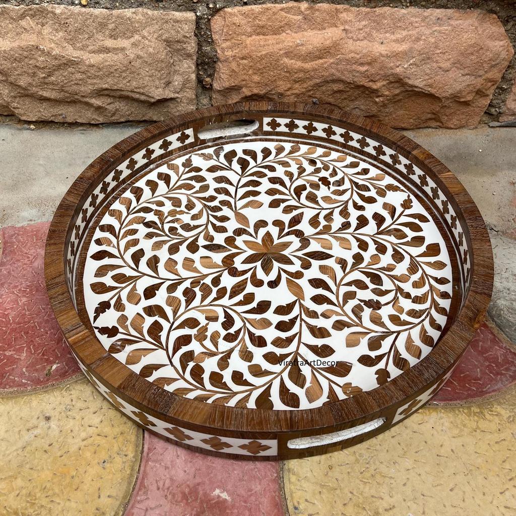 Wooden Inlay Decorative Tray Round Floral Pattern Serving Tray | Bone Inlay Style | Boho Coffee Table Tray | Kitchen Bone Decor Tray