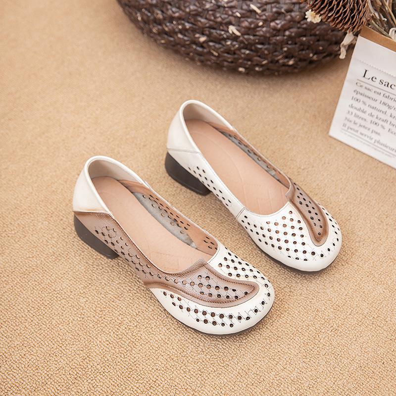 Женская обувь из натуральной кожи 2024 года, новые летние ретро-сандалии с круглым носком и закрытым носком, модные женские туфли на низком каблуке с неглубоким носком