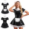 Womens Glossy Patent Leather Maid Dress with Headband Ruffles Lace Apron Puff Sleeve Maid Uniform Cosplay Dress Outfits