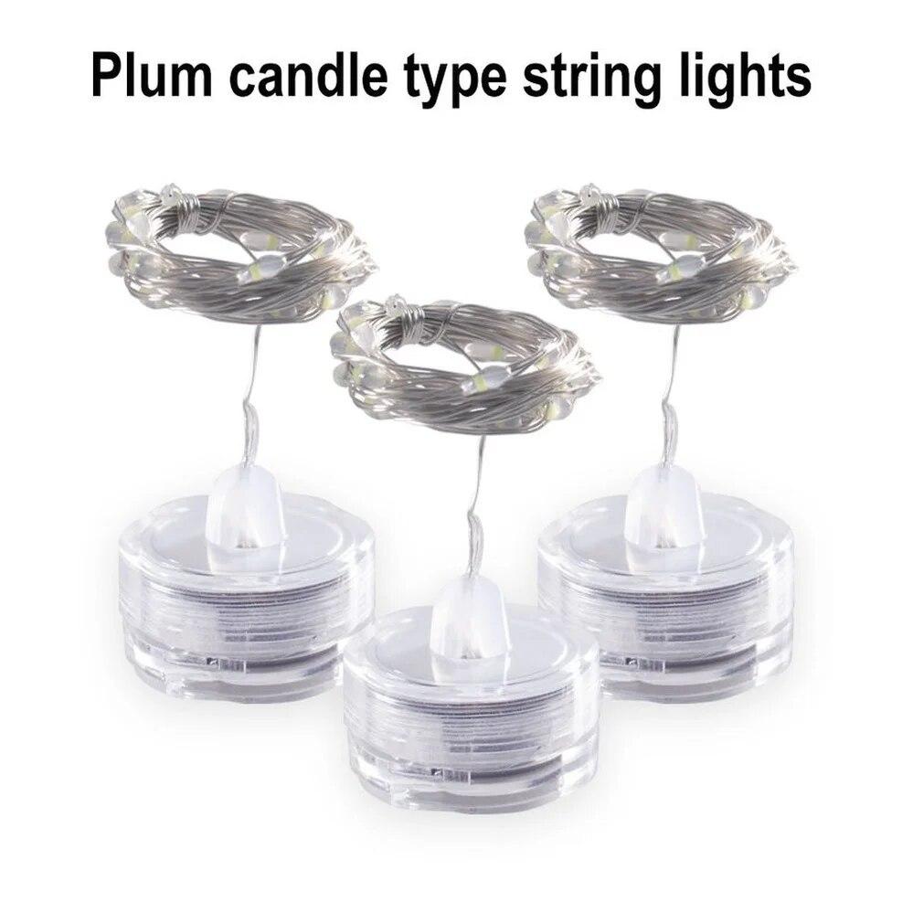 LED String Light Underwater Lamp 1m 2m LED Button Battery Holder Candle Copper Wire String Lights Plum Shaped Waterproof