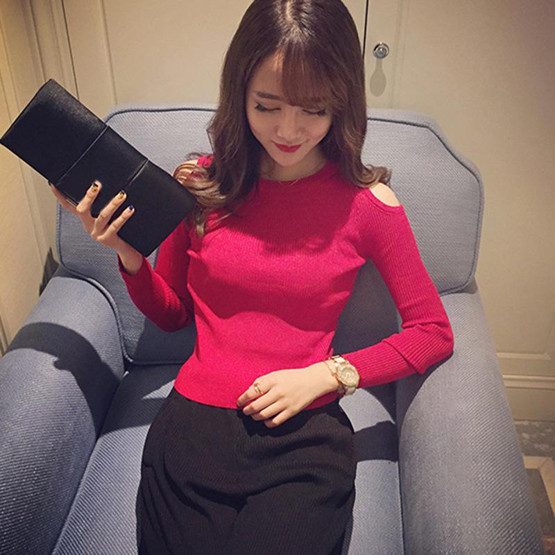 O-Neck Sexy Off Shoulder Sweaters Pullovers Korean Fashion Solid Femme Casual Long Sleeve KTB