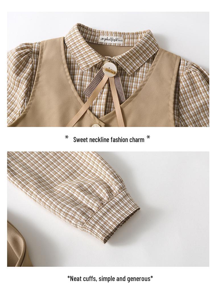 Платье для девочек «Гусиная лапка», имитация двойки - 2025 Осень, студенческий стиль для детей