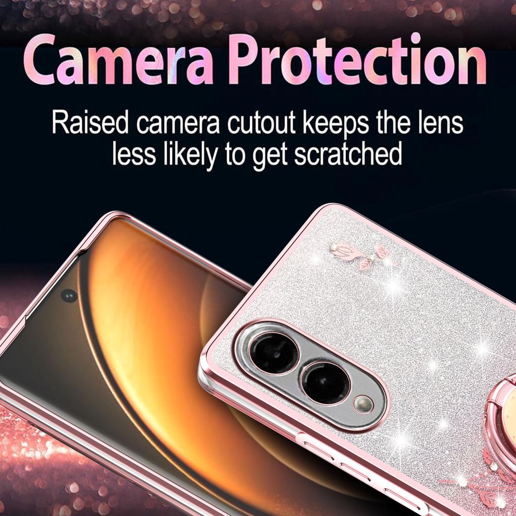 KADEM For Samsung Galaxy S25 Edge Case Ring Kickstand TPU Flowers Phone Cover Gradient Glitter