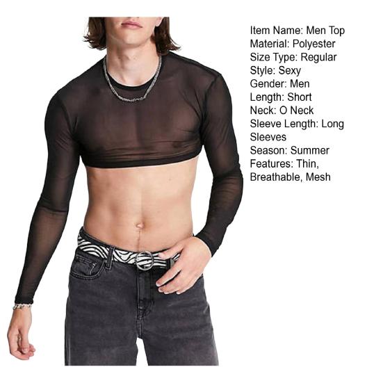 Мужской клубный топ, прозрачная сетка, ультратонкий эластичный топ с длинными рукавами и круглым вырезом, узкая талия, открытая для ночного клуба