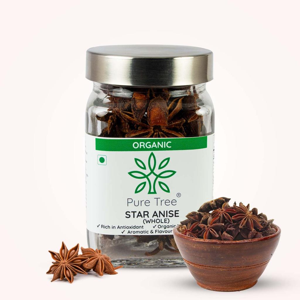 Pure Tree Certified Organic Star Anise Whole | 50 g | Glass Jar | Chakri Phool, Badian Spice | Aromatic Khada Masala for Cooking, Baking, Chai, H