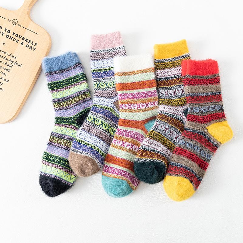 5 Pairs of Female Autumn and Winter Imitation Mink Wool Thick Warm Ethnic Rabbit Wool Tube Socks