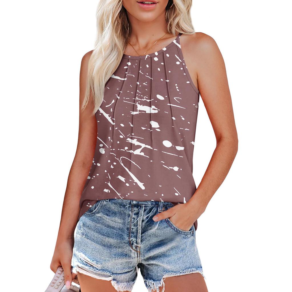 Womens Summer Tank Tops Pleated O Neck Printing Casual Top Tank Tops For Women Loose Fit Sleeveless Shirts