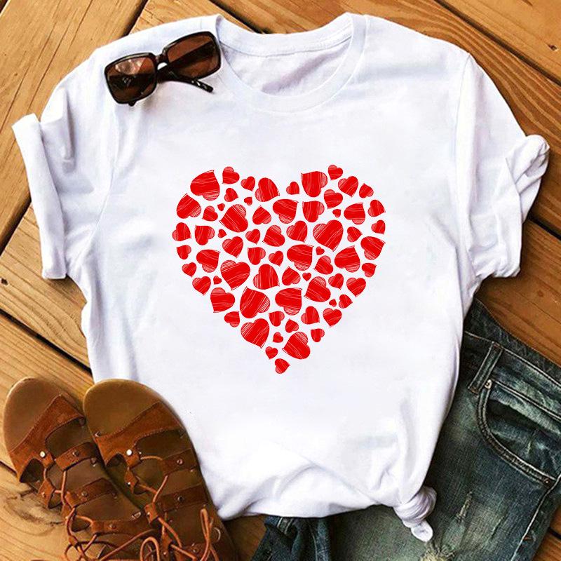 Love Flower Half Sleeve Cartoon White Letter Tshirt Women Wholesale Round Neck Tshirt Women Oversized T Shirt