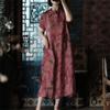 Johnature Summer Woman Vintage Style Linen Print Disc Buckle Dress V-Neck Chinese Style Short Sleeves Casual Dress