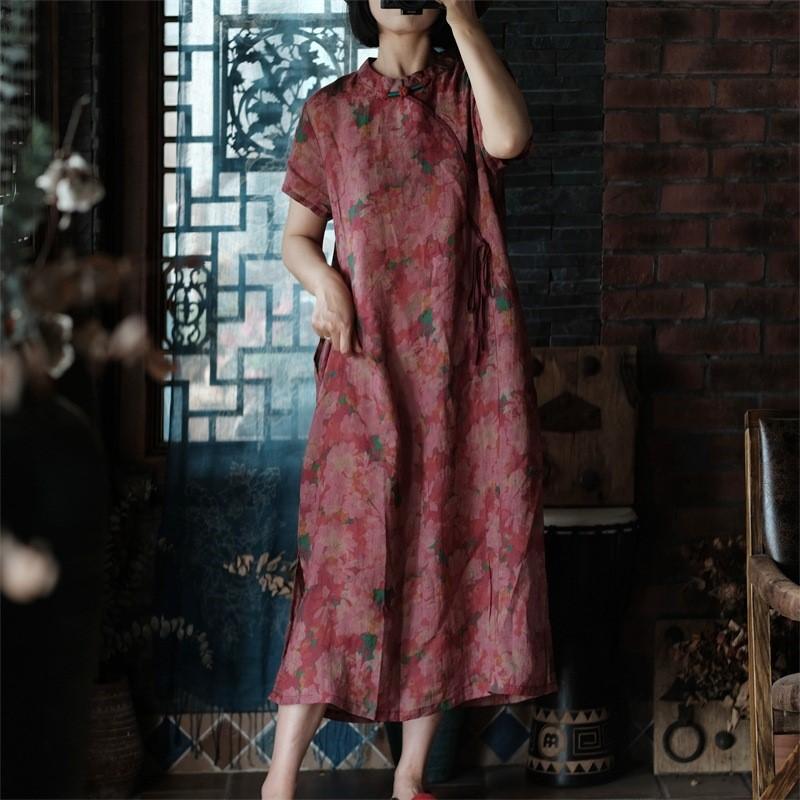 Johnature Summer Woman Vintage Style Linen Print Disc Buckle Dress V-Neck Chinese Style Short Sleeves Casual Dress