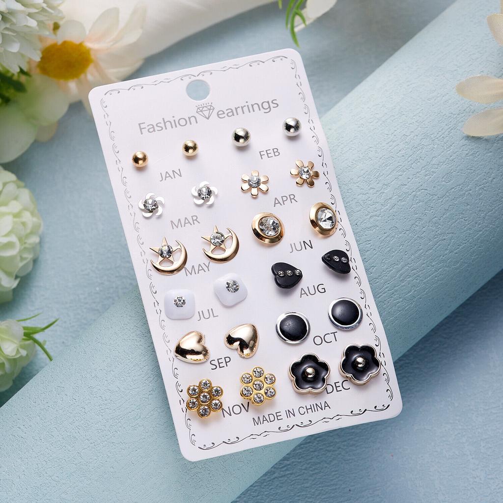 12 Pairs Earrings Set Stud Crystal Pearl Butterfly Flower Heart Women Jewelry