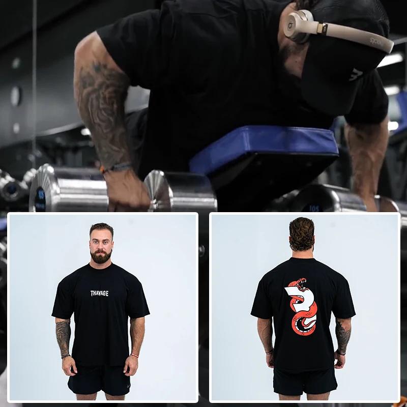 2025 High-quality New Gym Fitness T-shirt Loose Oversized Cotton Men's Short Sleeved Fitness T-shirt Summer Training Jogging Top