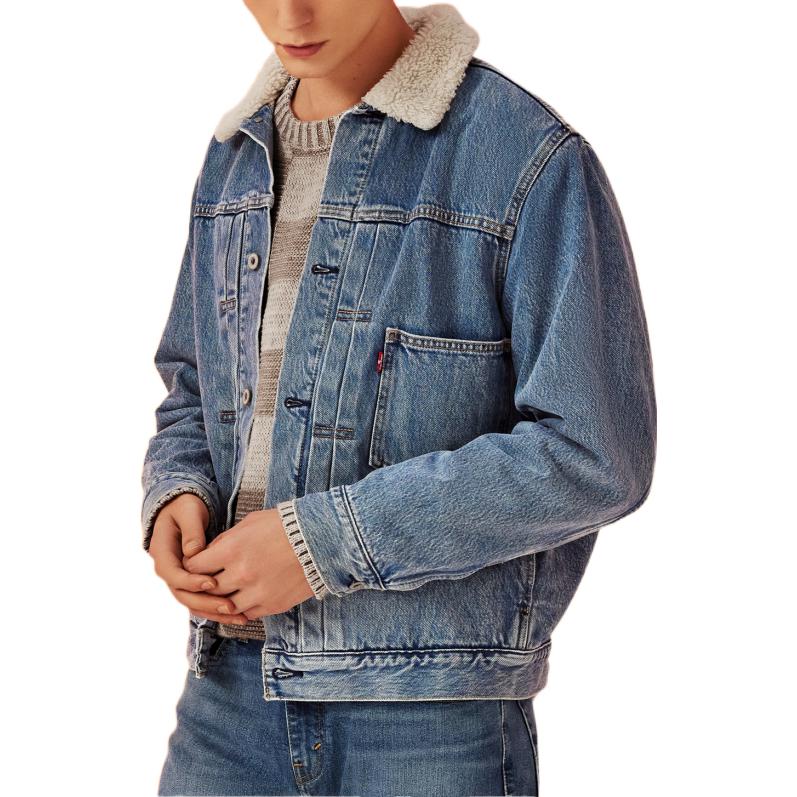 Levis Выбеленная винтажная джинсовая куртка с воротником на одной пуговице и длинными рукавами Мужские куртки Синяя A4080-0000