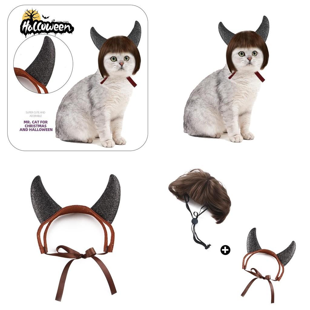 Cute Black And Red Horned Wig Set For Pets Featuring A Trendy Bob Haircut
