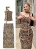 Vintage Tulle Leopard Printed 2 Piece Sets Women Casual A-line Skirt + Sexy Halter Neck Tops Fashion Off Shoulder Streetwear Suits