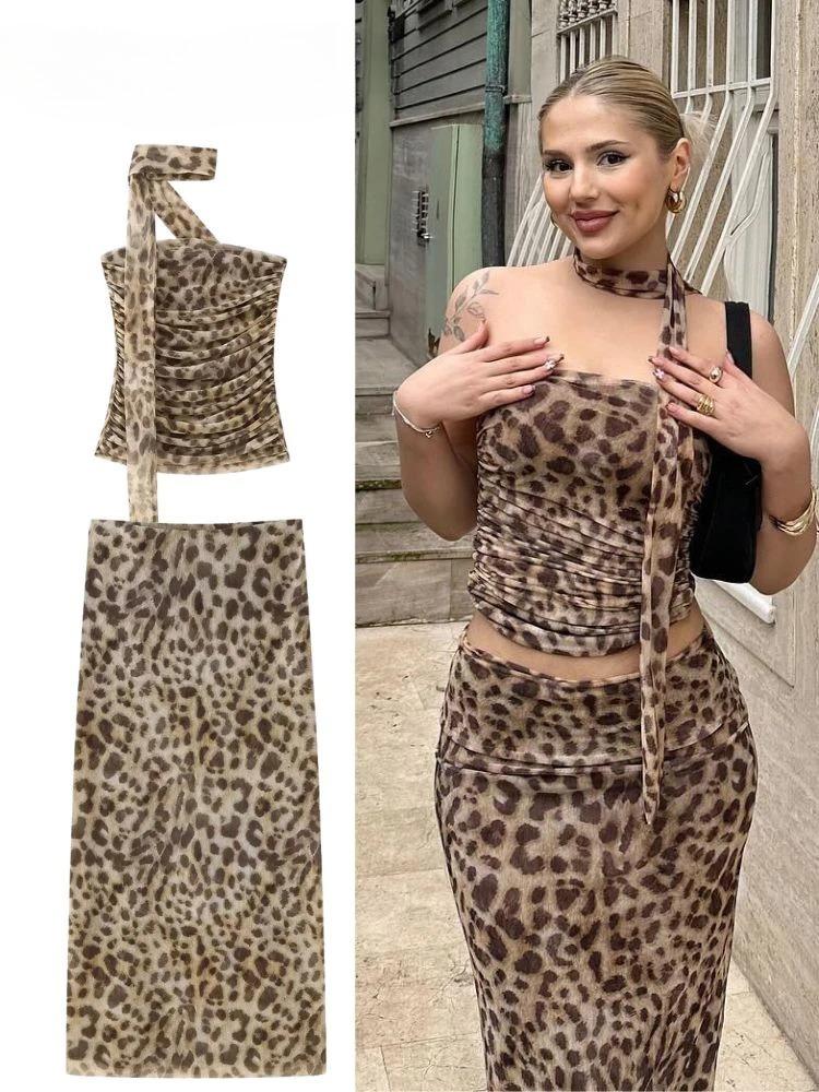 Vintage Tulle Leopard Printed 2 Piece Sets Women Casual A-line Skirt + Sexy Halter Neck Tops Fashion Off Shoulder Streetwear Suits