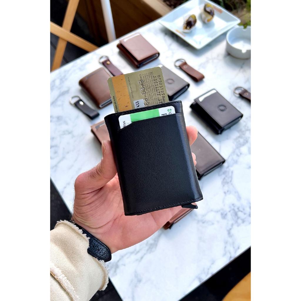 Унисекс черный кошелек из натуральной кожи с механизмом - (Специально для имени) - (Подарок на брелок из натуральной кожи)