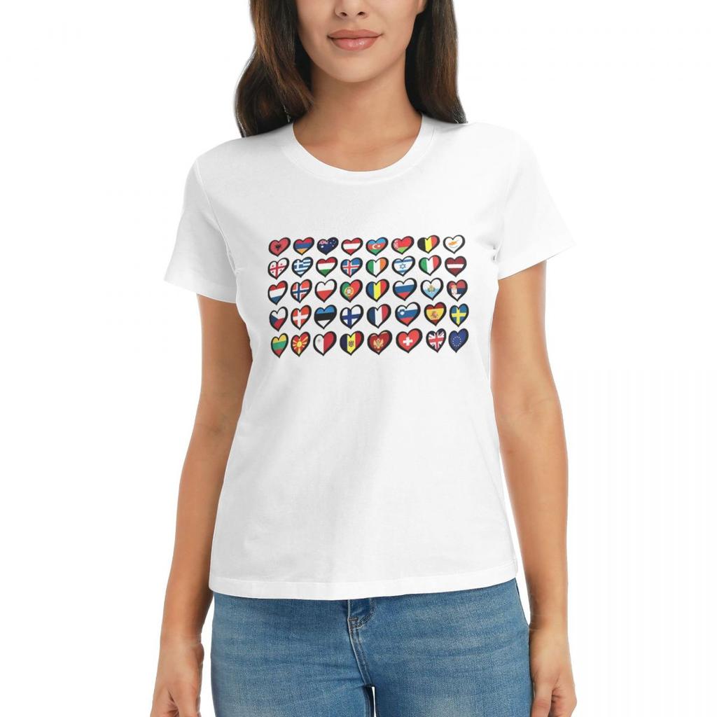Women TShirt Eurovision Song Contest Flags Hearts ESC EBU Eurofans Short Sleeve Tees ONeck T Shirts Clothes Tops Streetwear