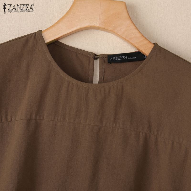 ZANZEA Женские повседневные футболки с круглым вырезом, однотонные, летние, с коротким рукавом