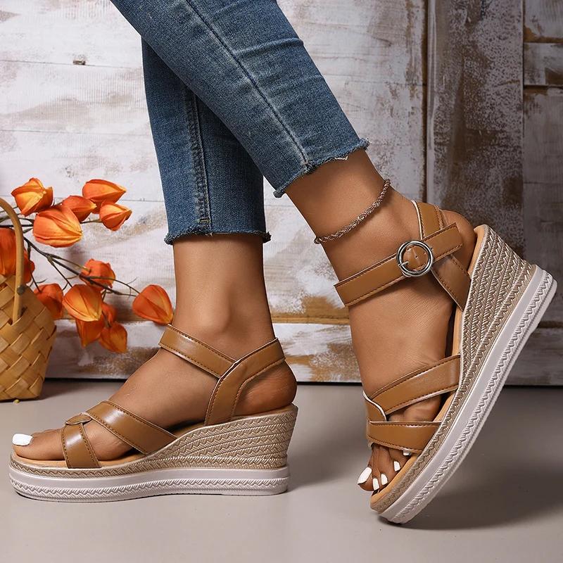 Модные Роскошные Женские Сандалии 2025 Лето Сандалии на Платформе с Толстой Подошвой Женские Сандалии с Пряжкой на Щиколотке Женская Обувь Большого Размера 35-43 на Высоком Каблуке