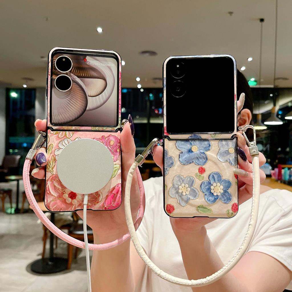 Применимо для складного экрана Huawei PuraX с бронзовыми расписными цветами, Samsung Zflip7 с магнитной застежкой, чехол для мобильного телефона Honor Vflip
