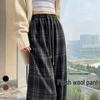Women's Retro High-Waist Wool Plaid Pants - Contrast Color, Wide-Leg, Floor-Length, Velvet-Lined for Autumn/Winter 2024