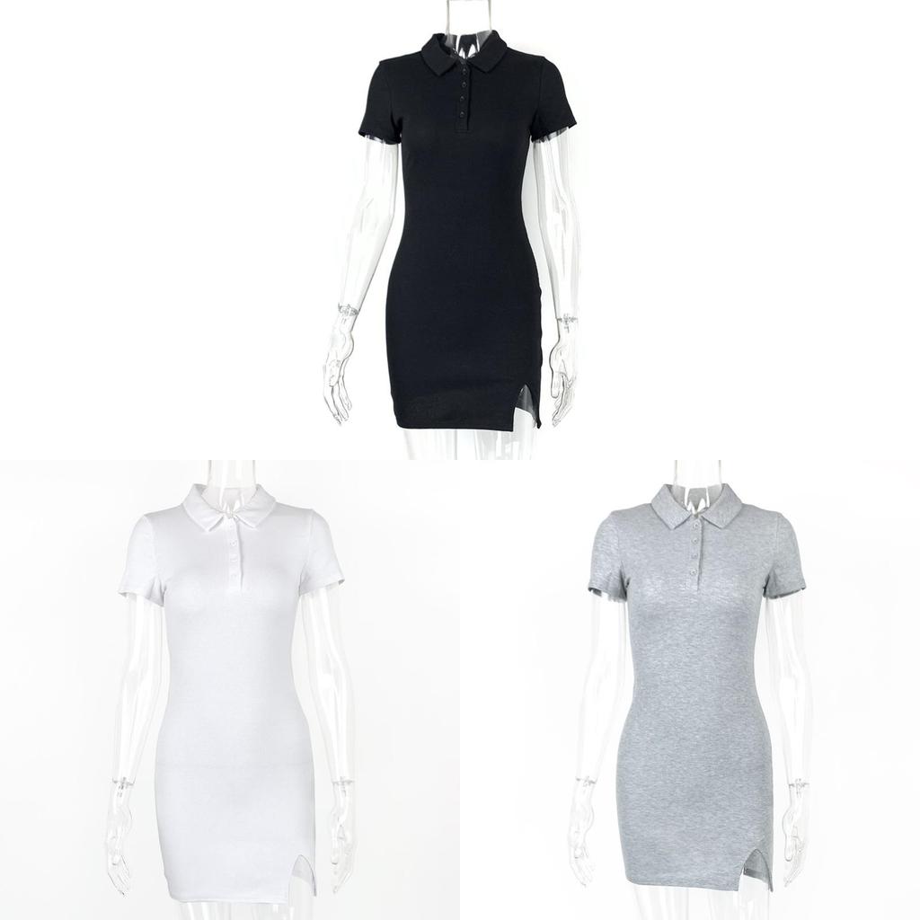 Summer Sexy Bodycon Dress With Polo Neck Short Sleeve Knitted Fabric For Club Wear