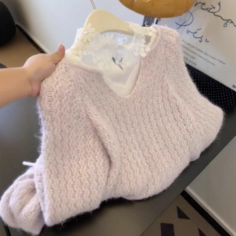 Фиолетовый Мягкий Стиль Толстый Вязаный Свитер для Женщин Осенью и Зимой Корейский Стиль Свободный Мягкий Восковой Длинный Рукав V-образный Вырез Топ Модный