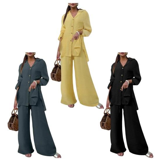 Женский комплект из 2 шт./компл., рубашка, брюки, однотонный, с отложным воротником, с длинным рукавом, средней длины, с широкими штанинами, с эластичной резинкой на талии, свободные брюки, одежда для поездок на работу, блузка