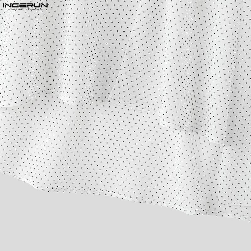 INCERUN Мужские блузки с длинным рукавом, полупрозрачные, в горошек, оверсайз, повседневные