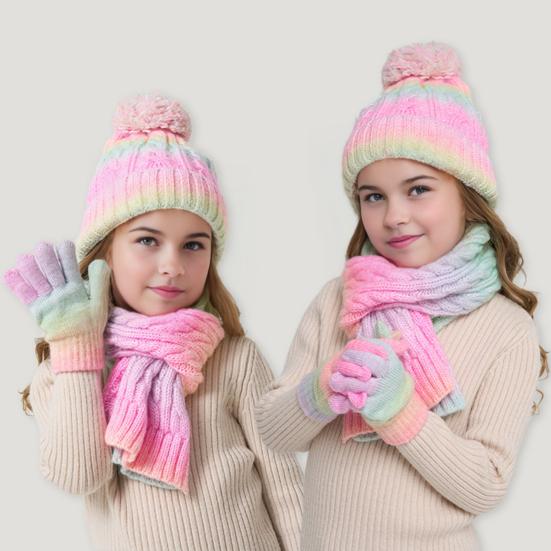 3Pcs/Set Kid Hat Scarf Gloves Set Rainbow Color Plush Ball Decor Knitted Hat Windproof Scarf Gloves Set Winter Accessories