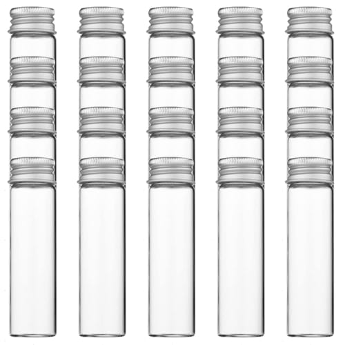HIRAISM Small Glass Bottles, Mini Bottles with Lids, Transparent, Airtight Containers for Liquid Storage, Set of 20 (20ml, Silver)