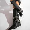 Панк Металлическая Пряжка Украшение Западные Сапоги Женские Зимние Сексуальные Остроносые На Высоком Каблуке Сапоги до Колена Готические Однотонные Черные Обувь Y2K