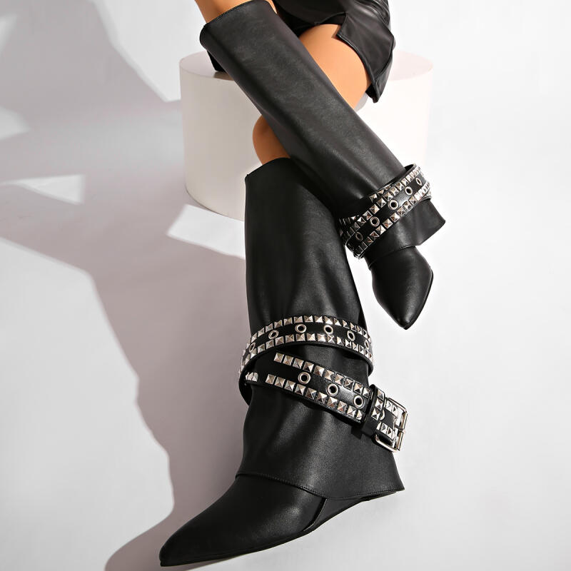 Панк Металлическая Пряжка Украшение Западные Сапоги Женские Зимние Сексуальные Остроносые На Высоком Каблуке Сапоги до Колена Готические Однотонные Черные Обувь Y2K