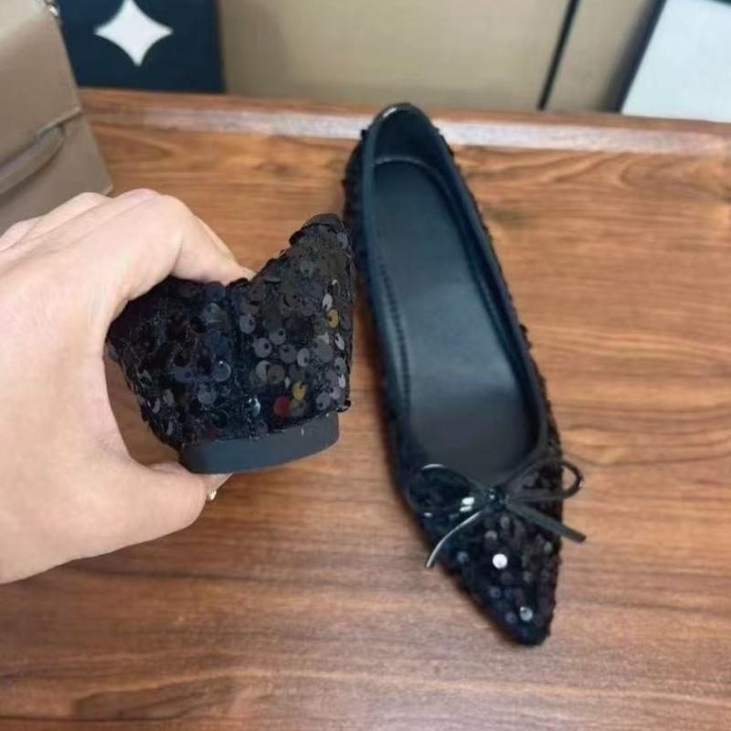 Мода Внутренне Увеличенные Одиночные Туфли Женская Мода Острый Носок Мелкий Вырез Блестки Бант Мягкая Подошва Нескользящие Износостойкие Балетки