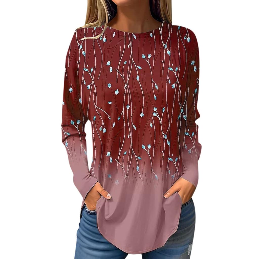 2024 Women's Fashion Tops Long Sleeve Round Neck Pullover Casual Long Sleeve T-shirt New 3d Printed Gradient Printed T-shirt