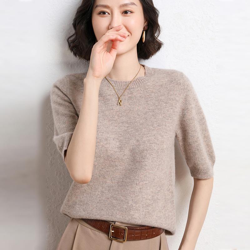 Женский свитер с круглым вырезом, шерстяной свитер с короткими рукавами, однотонный, для поездок на работу, простой, повседневный, трикотажный низ рубашки, теплый, удобный, на осень