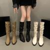 Spring And Autumn New Thick Heel Fold Pile Long Knight Boots Pointed Low Heels Casual Elegant Temperament Sleeve Slim Boots