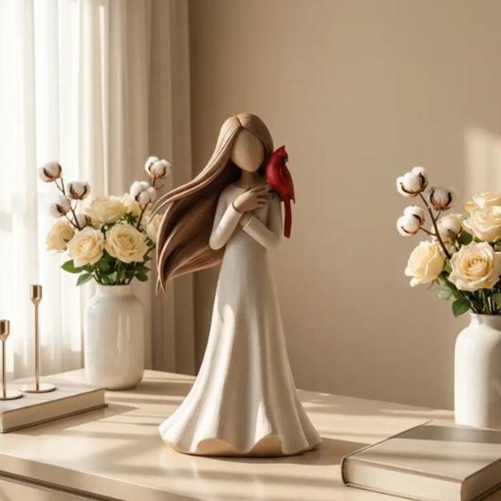 Фигурка Статуэтка Девушка Красная Птица Декоративная Фигурка Гладкая Текстура Исцеляющий Эстетический Дизайн Украшение для Дома Рабочего Стола