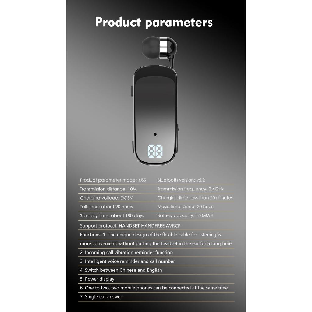Наушники Lavalier Business Bluetooth 5.2 для звонков/музыки 20H с шумоподавлением, беспроводные наушники с вибронапоминанием, спортивные наушники