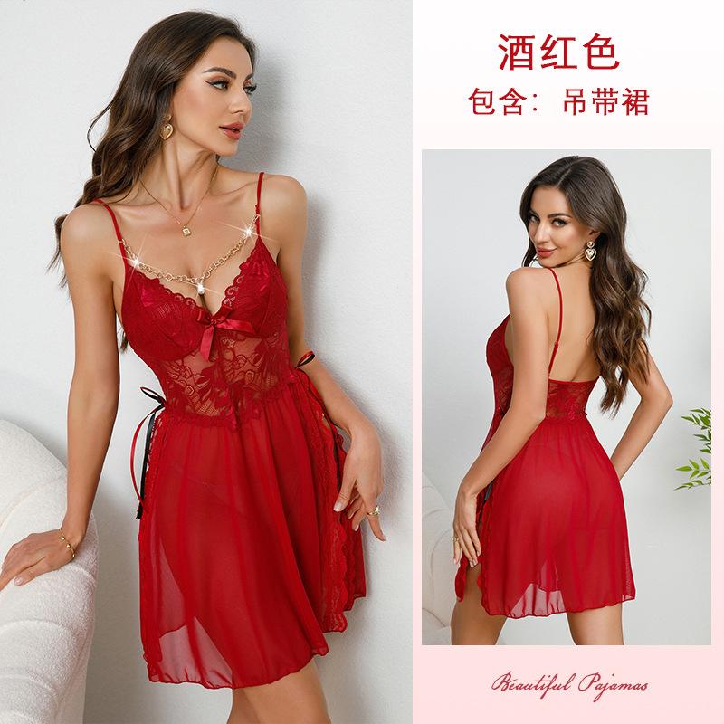 Шелковая ночная рубашка с жемчужной цепочкой и кружевом, с разрезом сбоку, с цветным бантом, сексуальная комбинация, женская одежда для дома 913, романтичная, гламурная одежда для сна с милыми акцентами в виде бантов