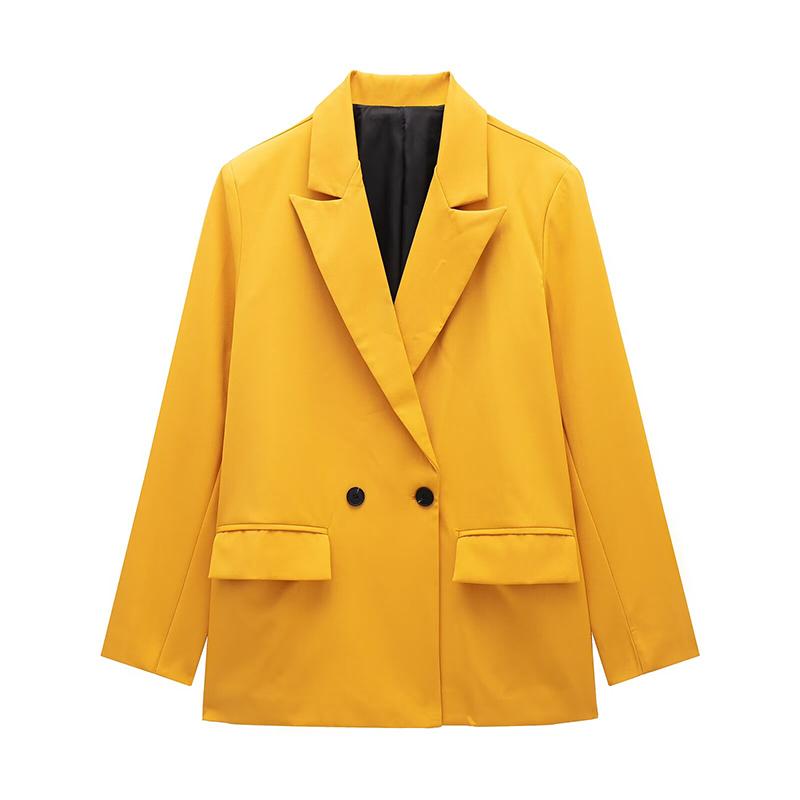 Женская мода с карманами, однотонный двубортный блейзер в винтажном стиле с длинными рукавами и вырезом на шее, женские офисные наряды для леди